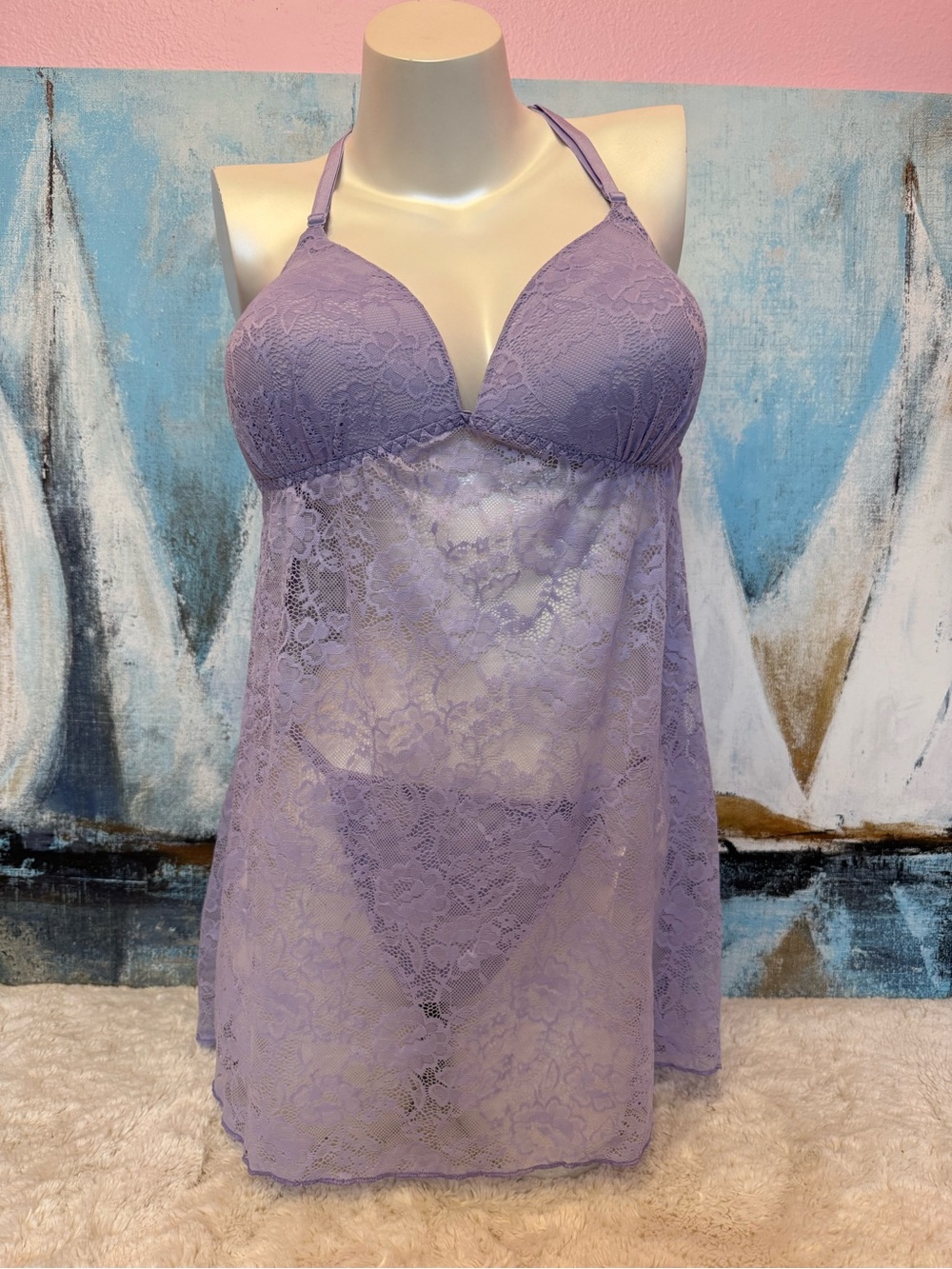 Lavender Lace Halter Babydoll Chemise with Matching Thong